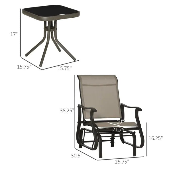 Outsunny 3-Piece Gliding Chair and Tea Table Set, Outdoor 2 Rocker Seats with Steel Frame, Tempered Glass Tabletop, Garden Patio Furniture, Grey - product image 3