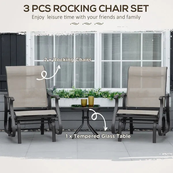 Outsunny 3-Piece Gliding Chair and Tea Table Set, Outdoor 2 Rocker Seats with Steel Frame, Tempered Glass Tabletop, Garden Patio Furniture, Grey - product image 4