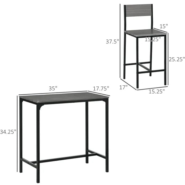 3 Piece Industrial Dining Set for 2, Counter Height Kitchen Table with Bar Stools, Breakfast Table, Gray - product image 3