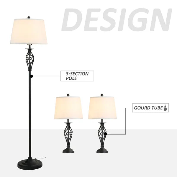 3 Piece Lamp Set with Floor and Table Lamps Metal Pole Round Base Fabric Shade for Living Room Bedroom Black White - product image 5