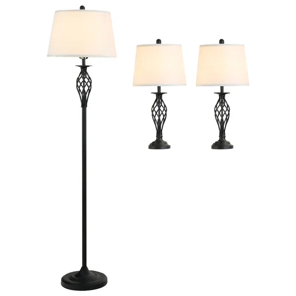 3 Piece Lamp Set with Floor and Table Lamps Metal Pole Round Base Fabric Shade for Living Room Bedroom Black White - product image 1