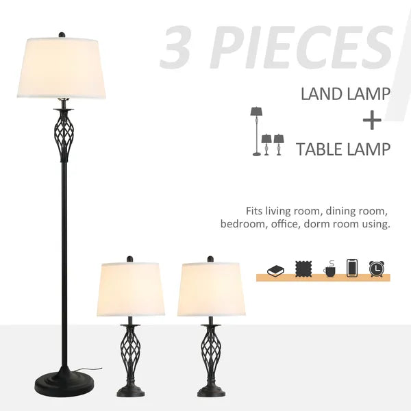 3 Piece Lamp Set with Floor and Table Lamps Metal Pole Round Base Fabric Shade for Living Room Bedroom Black White - product image 4