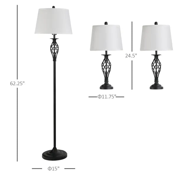 3 Piece Lamp Set with Floor and Table Lamps Metal Pole Round Base Fabric Shade for Living Room Bedroom Black White - product image 3