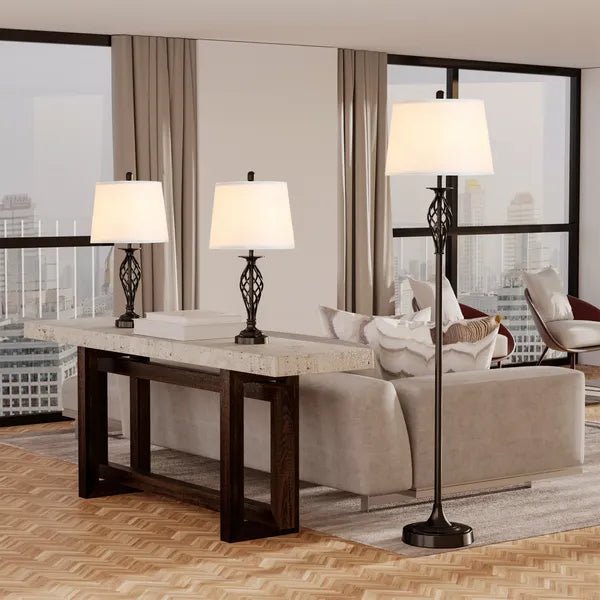 3 Piece Lamp Set with Floor and Table Lamps Metal Pole Round Base Fabric Shade for Living Room Bedroom Black White - product image 2