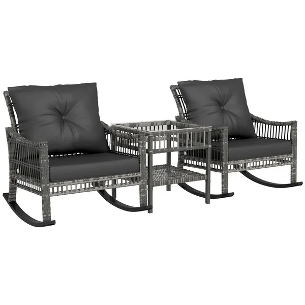 3 Piece Outdoor PE Rattan Rocker Chair Set, Rocking Chair with Tempered Glass Table Top, Gray - product image 11