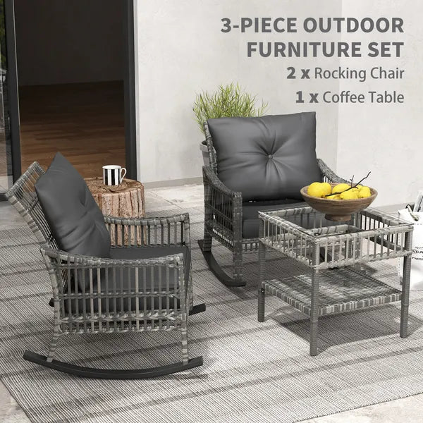 3 Piece Outdoor PE Rattan Rocker Chair Set, Rocking Chair with Tempered Glass Table Top, Gray - product image 4