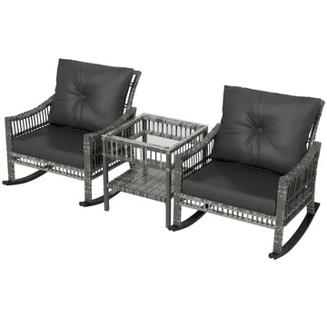 3 Piece Outdoor PE Rattan Rocker Chair Set, Rocking Chair with Tempered Glass Table Top, Gray - product image 1