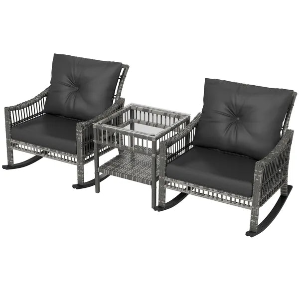 3 Piece Outdoor PE Rattan Rocker Chair Set, Rocking Chair with Tempered Glass Table Top, Gray - product image 1