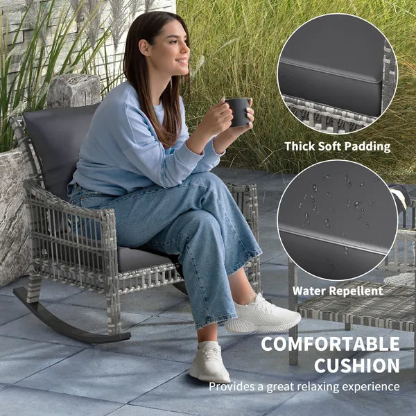 3 Piece Outdoor PE Rattan Rocker Chair Set, Rocking Chair with Tempered Glass Table Top, Gray - product image 6