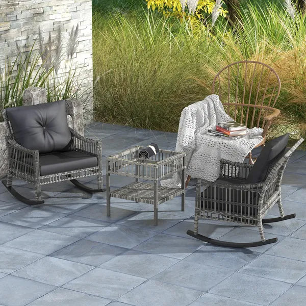 3 Piece Outdoor PE Rattan Rocker Chair Set, Rocking Chair with Tempered Glass Table Top, Gray - product image 2
