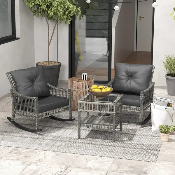 3 Piece Outdoor PE Rattan Rocker Chair Set, Rocking Chair with Tempered Glass Table Top, Gray - product image 10