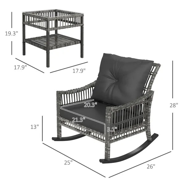 3 Piece Outdoor PE Rattan Rocker Chair Set, Rocking Chair with Tempered Glass Table Top, Gray - product image 3