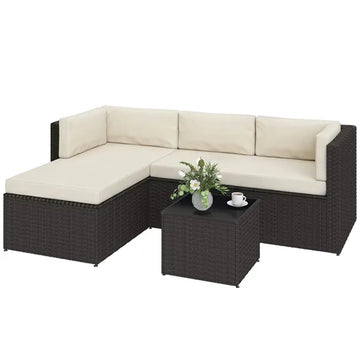 Outsunny 3 Piece Patio Furniture Set, Wicker Outdoor Patio Conversation Furniture Set with Cushions, Glass Top Table, Beige - product image 1
