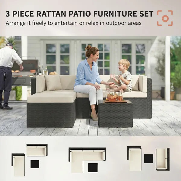 Outsunny 3 Piece Patio Furniture Set, Wicker Outdoor Patio Conversation Furniture Set with Cushions, Glass Top Table, Beige - product image 3