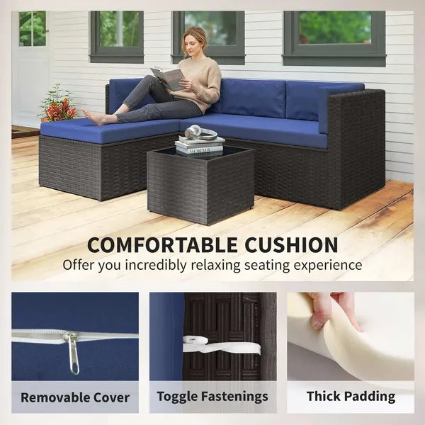 3 Piece Patio Furniture Set, Wicker Outdoor Patio Conversation Furniture Set with Cushions, Glass Top Table, Navy Blue - product image 5