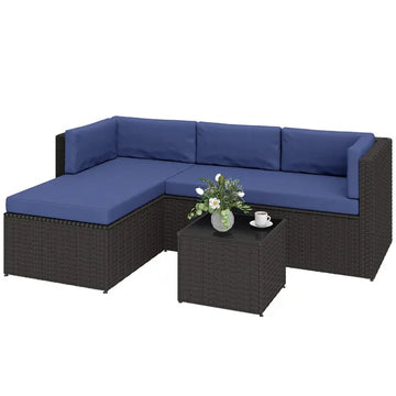 3 Piece Patio Furniture Set, Wicker Outdoor Patio Conversation Furniture Set with Cushions, Glass Top Table, Navy Blue - product image 1