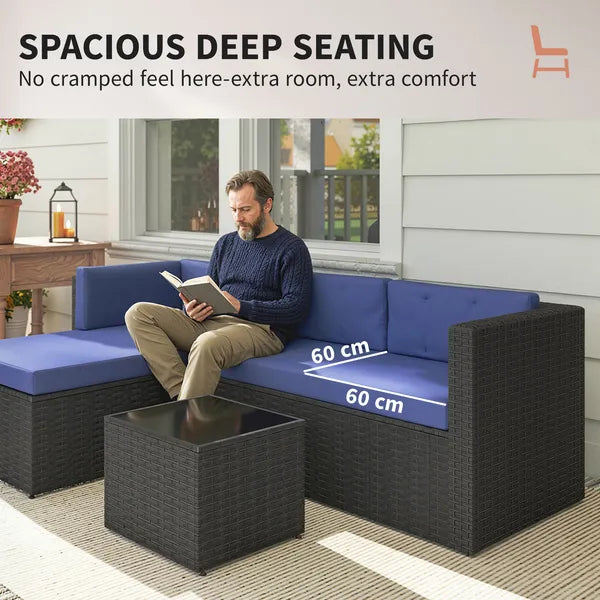 3 Piece Patio Furniture Set, Wicker Outdoor Patio Conversation Furniture Set with Cushions, Glass Top Table, Navy Blue - product image 6