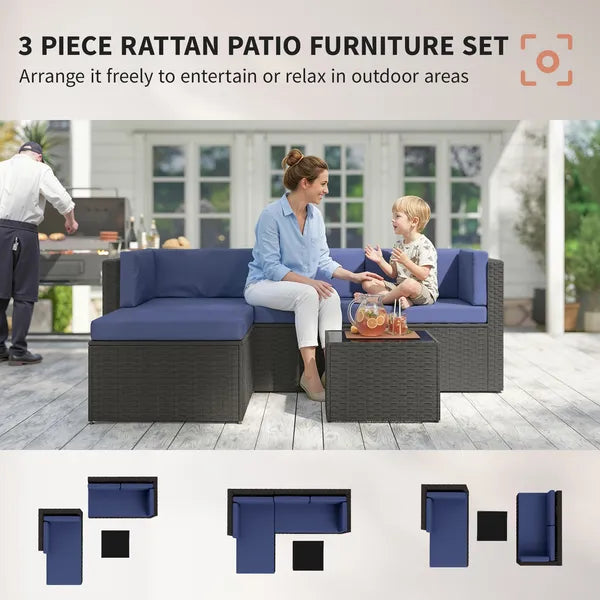 3 Piece Patio Furniture Set, Wicker Outdoor Patio Conversation Furniture Set with Cushions, Glass Top Table, Navy Blue - product image 3