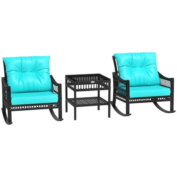 Outsunny 3 Piece PE Rattan Rocking Chair Set with Glass Top Table Black and Turquoise - product image 12