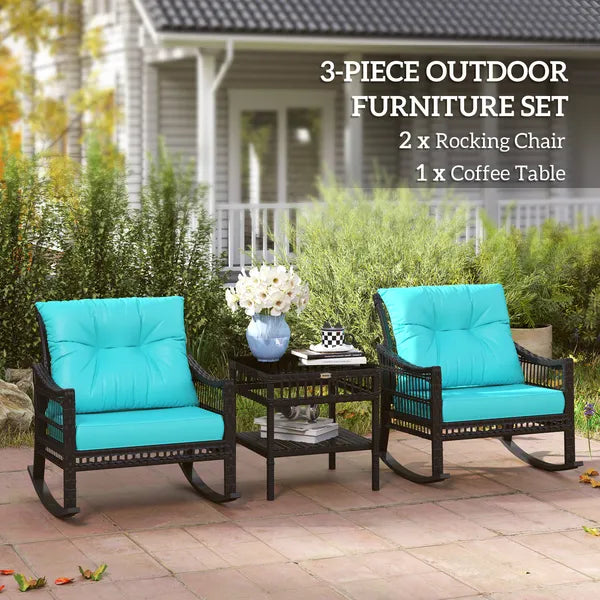 Outsunny 3 Piece PE Rattan Rocking Chair Set with Glass Top Table Black and Turquoise - product image 4