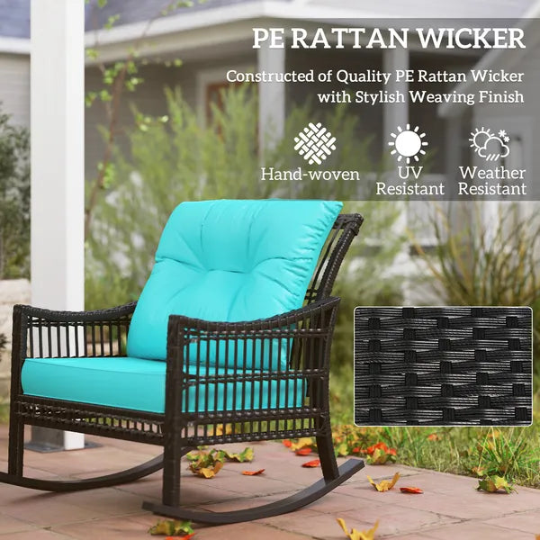 Outsunny 3 Piece PE Rattan Rocking Chair Set with Glass Top Table Black and Turquoise - product image 5