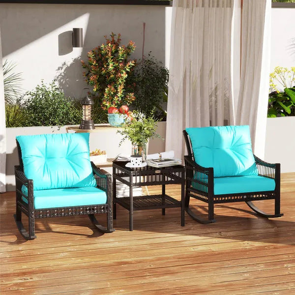 Outsunny 3 Piece PE Rattan Rocking Chair Set with Glass Top Table Black and Turquoise - product image 10