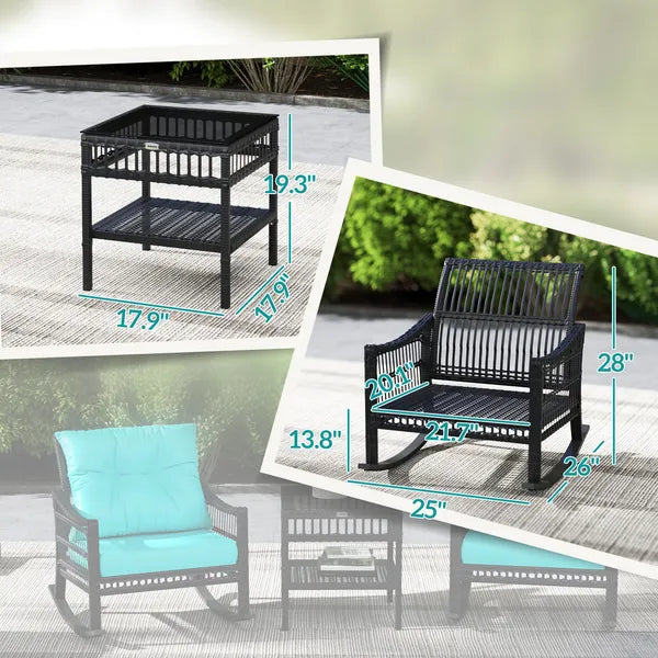 Outsunny 3 Piece PE Rattan Rocking Chair Set with Glass Top Table Black and Turquoise - product image 3