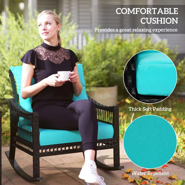 Outsunny 3 Piece PE Rattan Rocking Chair Set with Glass Top Table Black and Turquoise - product image 6