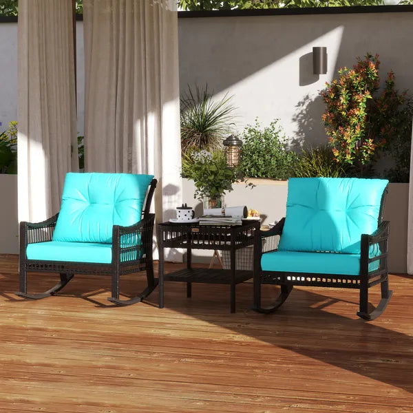 Outsunny 3 Piece PE Rattan Rocking Chair Set with Glass Top Table Black and Turquoise - product image 8