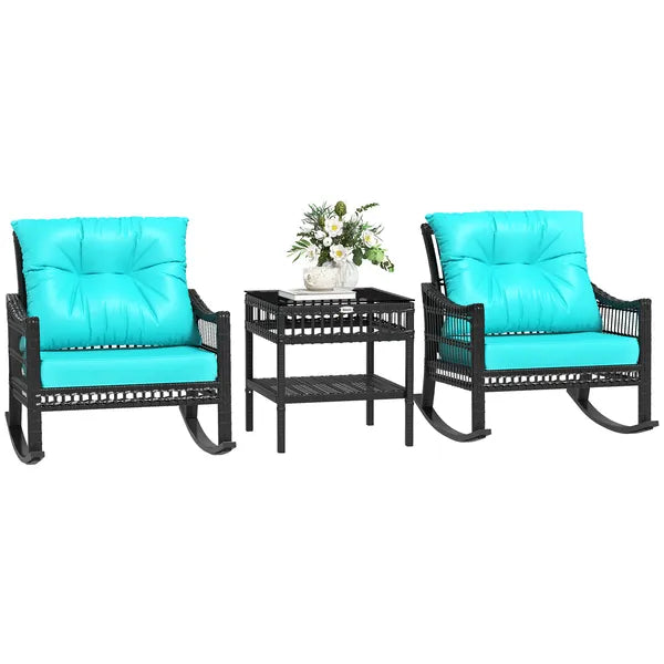 Outsunny 3 Piece PE Rattan Rocking Chair Set with Glass Top Table Black and Turquoise - product image 11