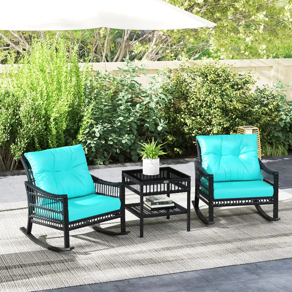 Outsunny 3 Piece PE Rattan Rocking Chair Set with Glass Top Table Black and Turquoise - product image 2