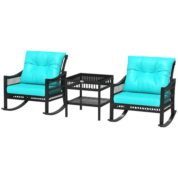 Outsunny 3 Piece PE Rattan Rocking Chair Set with Glass Top Table Black and Turquoise - product image 1