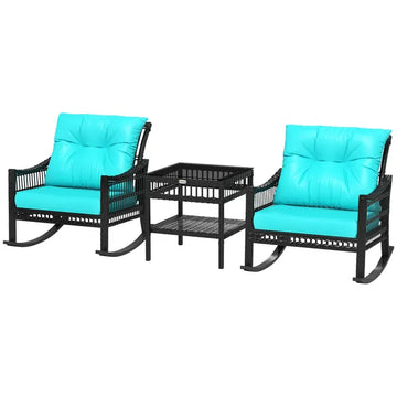 Outsunny 3 Piece PE Rattan Rocking Chair Set with Glass Top Table Black and Turquoise - product image 1