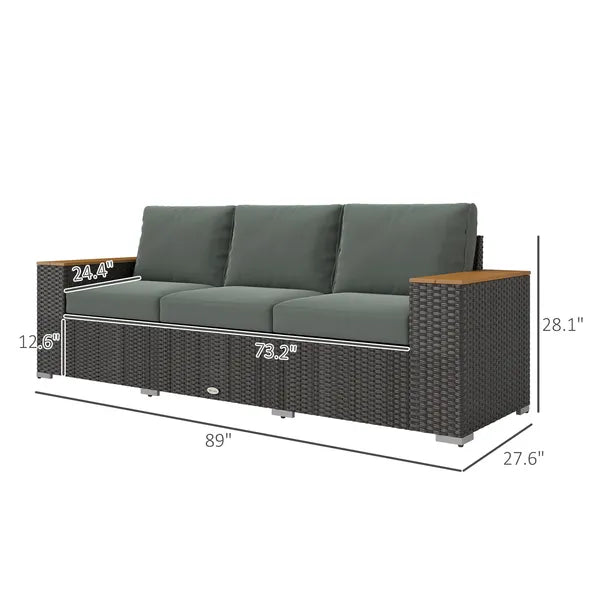 3-Seat Outdoor Patio Sofa with Cushions, PE Rattan Wicker Sofa with Wide Armrests, Outdoor Wicker Couch, Dark Gray - product image 3