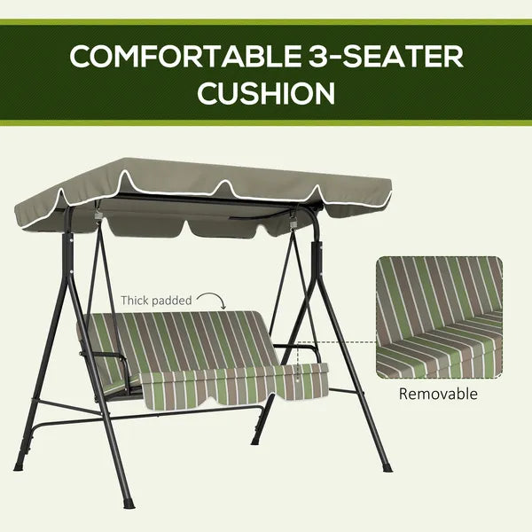 Outsunny 3-Seat Outdoor Patio Swing with Cushion Adjustable Canopy Black Gray and Green Stripe - product image 7