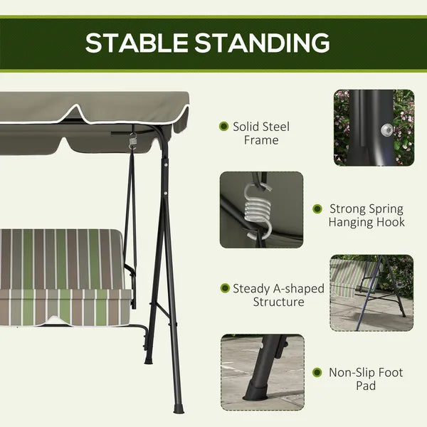 Outsunny 3-Seat Outdoor Patio Swing with Cushion Adjustable Canopy Black Gray and Green Stripe - product image 5
