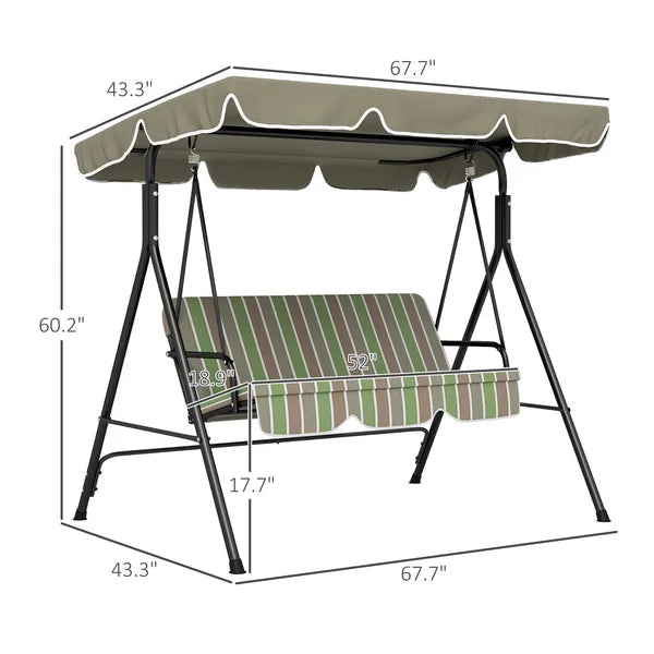 Outsunny 3-Seat Outdoor Patio Swing with Cushion Adjustable Canopy Black Gray and Green Stripe - product image 3