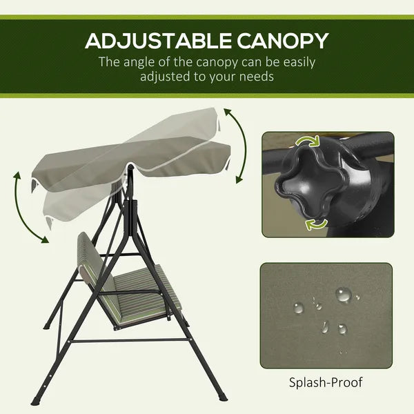 Outsunny 3-Seat Outdoor Patio Swing with Cushion Adjustable Canopy Black Gray and Green Stripe - product image 4