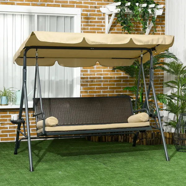 Outsunny 3-Seat Outdoor Porch Swing, with Adjustable Canopy, Removable Cushion, Pillows, Adjustable Shade, and Rattan Seat, Khaki - product image 10
