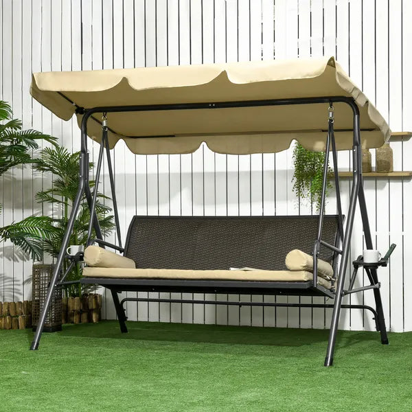 Outsunny 3-Seat Outdoor Porch Swing, with Adjustable Canopy, Removable Cushion, Pillows, Adjustable Shade, and Rattan Seat, Khaki - product image 2