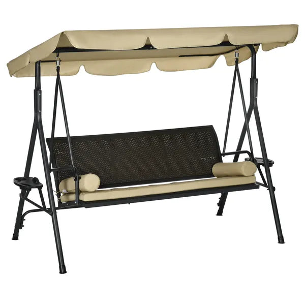 Outsunny 3-Seat Outdoor Porch Swing, with Adjustable Canopy, Removable Cushion, Pillows, Adjustable Shade, and Rattan Seat, Khaki - product image 11