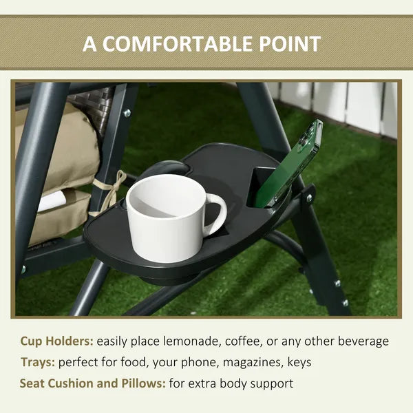 Outsunny 3-Seat Outdoor Porch Swing, with Adjustable Canopy, Removable Cushion, Pillows, Adjustable Shade, and Rattan Seat, Khaki - product image 7