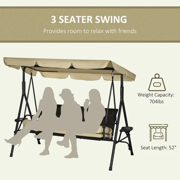 Outsunny 3-Seat Outdoor Porch Swing, with Adjustable Canopy, Removable Cushion, Pillows, Adjustable Shade, and Rattan Seat, Khaki - product image 4