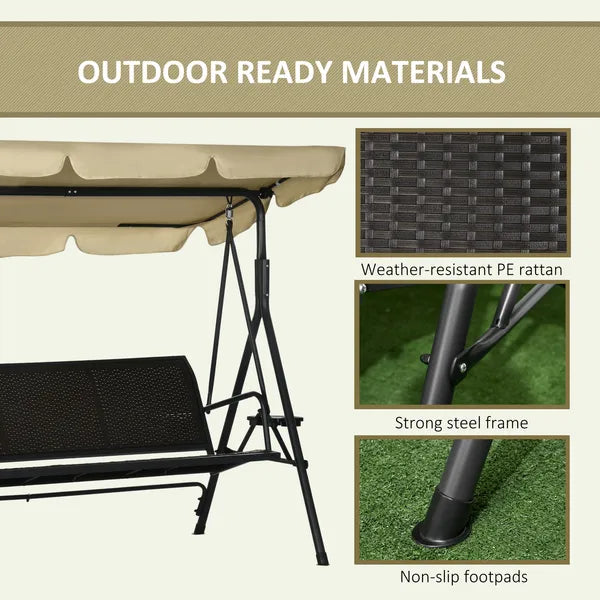 Outsunny 3-Seat Outdoor Porch Swing, with Adjustable Canopy, Removable Cushion, Pillows, Adjustable Shade, and Rattan Seat, Khaki - product image 6