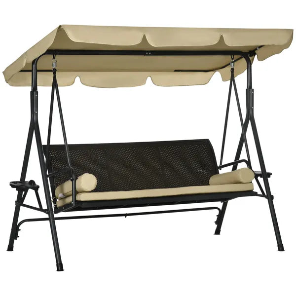 Outsunny 3-Seat Outdoor Porch Swing, with Adjustable Canopy, Removable Cushion, Pillows, Adjustable Shade, and Rattan Seat, Khaki - product image 1