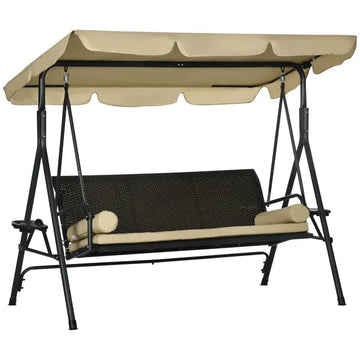 Outsunny 3-Seat Outdoor Porch Swing, with Adjustable Canopy, Removable Cushion, Pillows, Adjustable Shade, and Rattan Seat, Khaki - product image 1