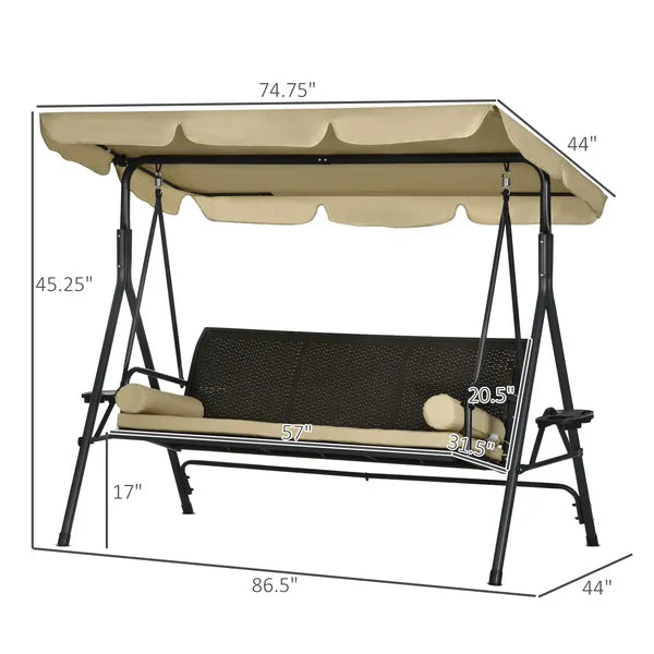 Outsunny 3-Seat Outdoor Porch Swing, with Adjustable Canopy, Removable Cushion, Pillows, Adjustable Shade, and Rattan Seat, Khaki - product image 3