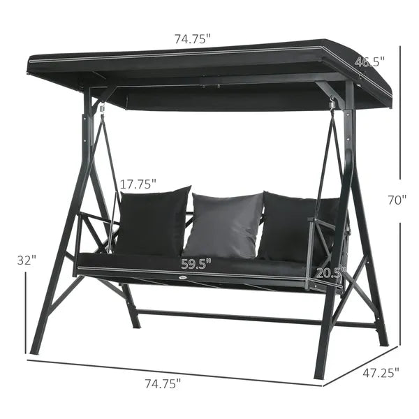 3-Seat Patio Swing Chair Outdoor Canopy Glider with Cushion 3 Throw Pillows Adjustable Shade for Porch Garden - product image 3