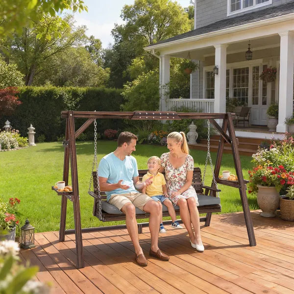 Outsunny 3 Seat Wooden Porch Swing with Stand, Patio Swing with Cushion, for Garden, Poolside, Backyard, Carbonized Brown - product image 2