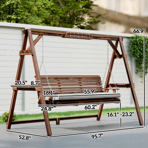 Outsunny 3 Seat Wooden Porch Swing with Stand, Patio Swing with Cushion, for Garden, Poolside, Backyard, Carbonized Brown - product image 3